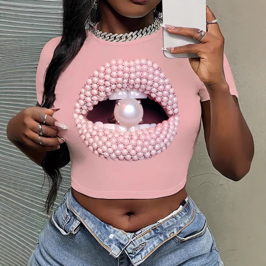 In stock Lips Pearl Lips Pattern Design Print Crew Neck T-Shirt Y2K Short Sleeve Crop Top Spring Summer