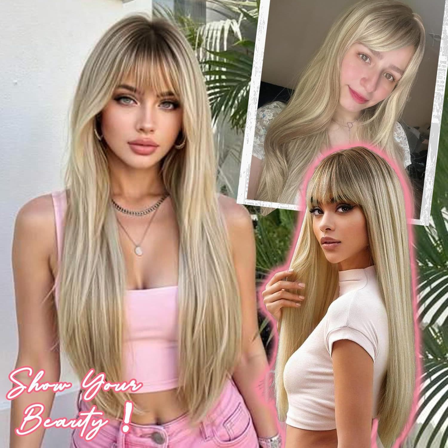 Women's Natural Long Straight Layered Wig Full Cap with Bangs High Layers Realistic Long Hair