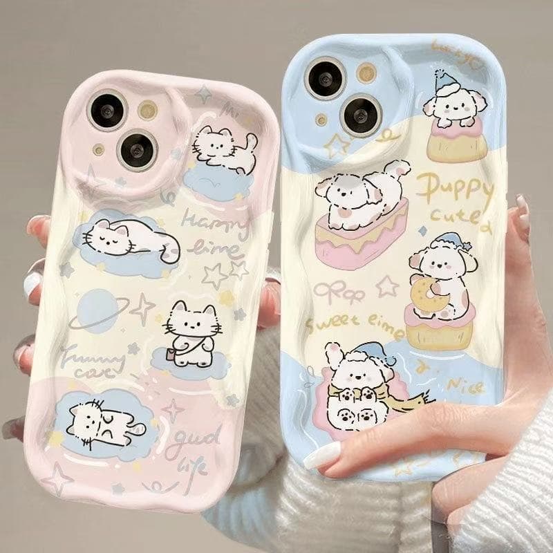 Cream shell graffiti kitten and puppy suitable for iPhone 17 mobile phone case iphone16promax cross-border 15/14/13
