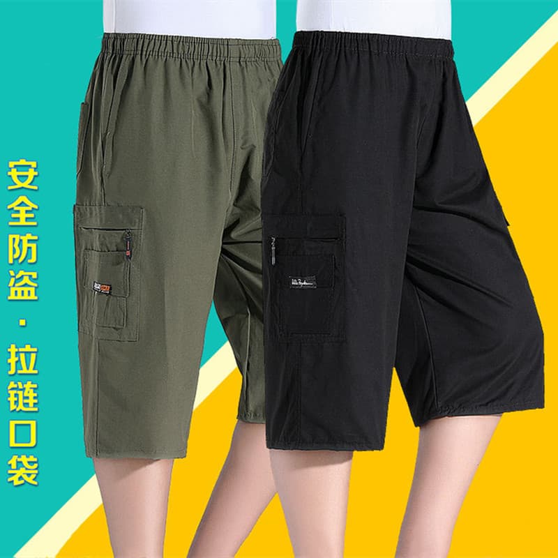 Men's Capri Pants Summer Casual Shorts for Middle-Aged and Elderly Men, Multi-Pocket Cargo Beach Pants