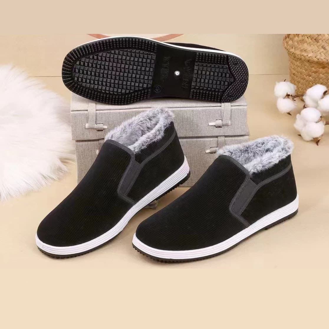 [Fleece-Lined Warm] Winter Men's Cotton Shoes Yanshi Old Beijing Cloth Shoes Black Xiangjin Men's Cotton Shoes Middle-Aged and Elderly Dad