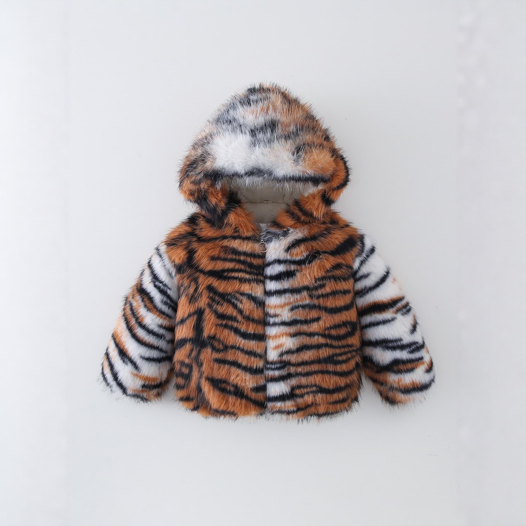 Cross-border Supply Children's Tiger Print Faux Fur Hooded Coat Autumn/Winter Thick Warm Boys Girls Fleece Jacket