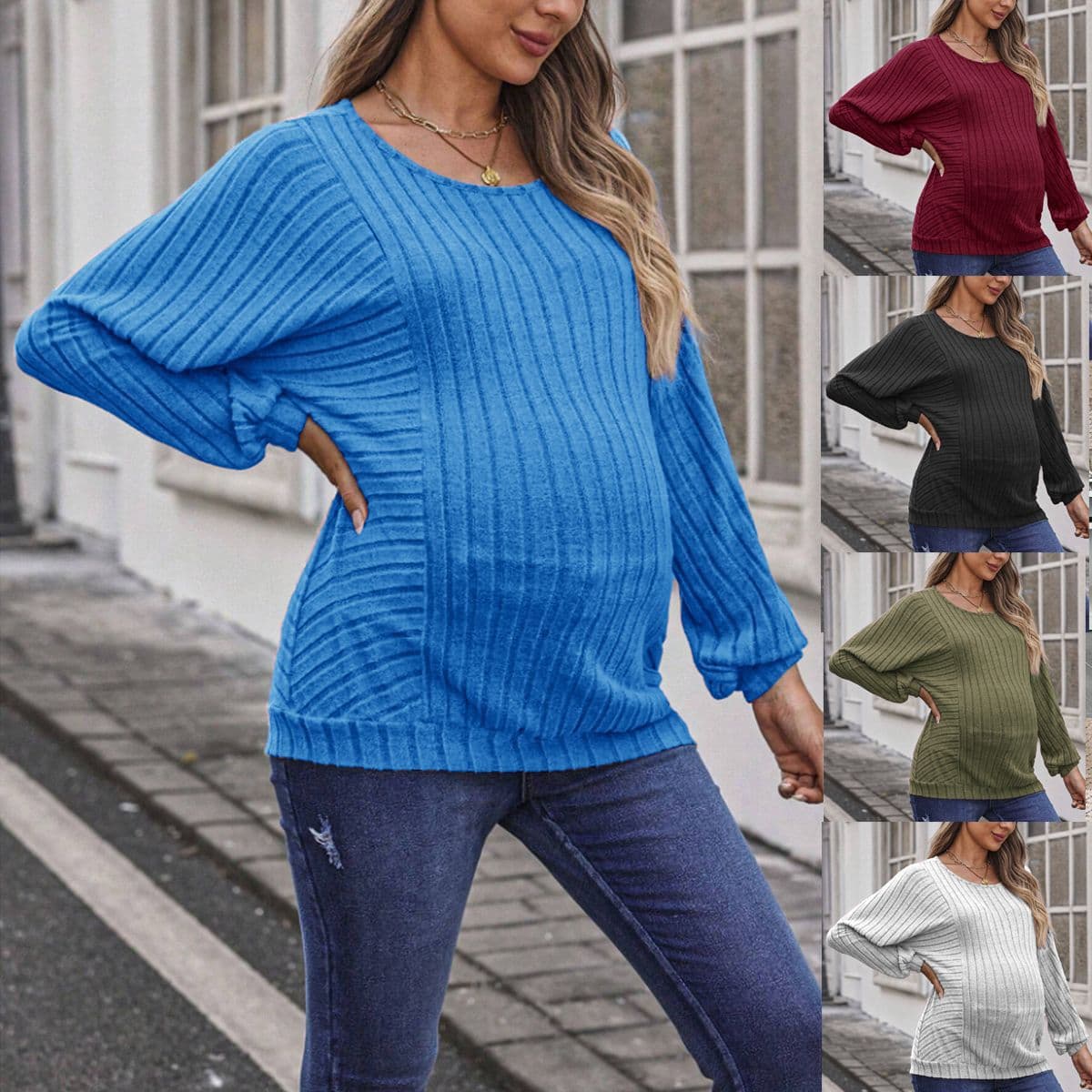 2025 Amazon Independent Station European and American Autumn and Winter Plus Size Maternity Women's Clothing Plaid Solid Color Chic Lantern Sleeve Tops