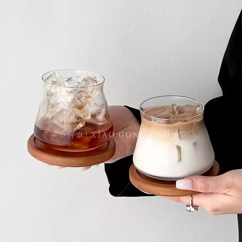 Vintage Coffee Shop Clear Glass Latte Cup Rolled Rim Cold Brew Cup Iced Americano Cup Beverage Cup Cold Drink Cup