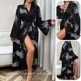 European American Amazon Cross-Border Women Long Satin Bathrobe Long Sleeve Tie Sexy Loungewear Wholesale 211