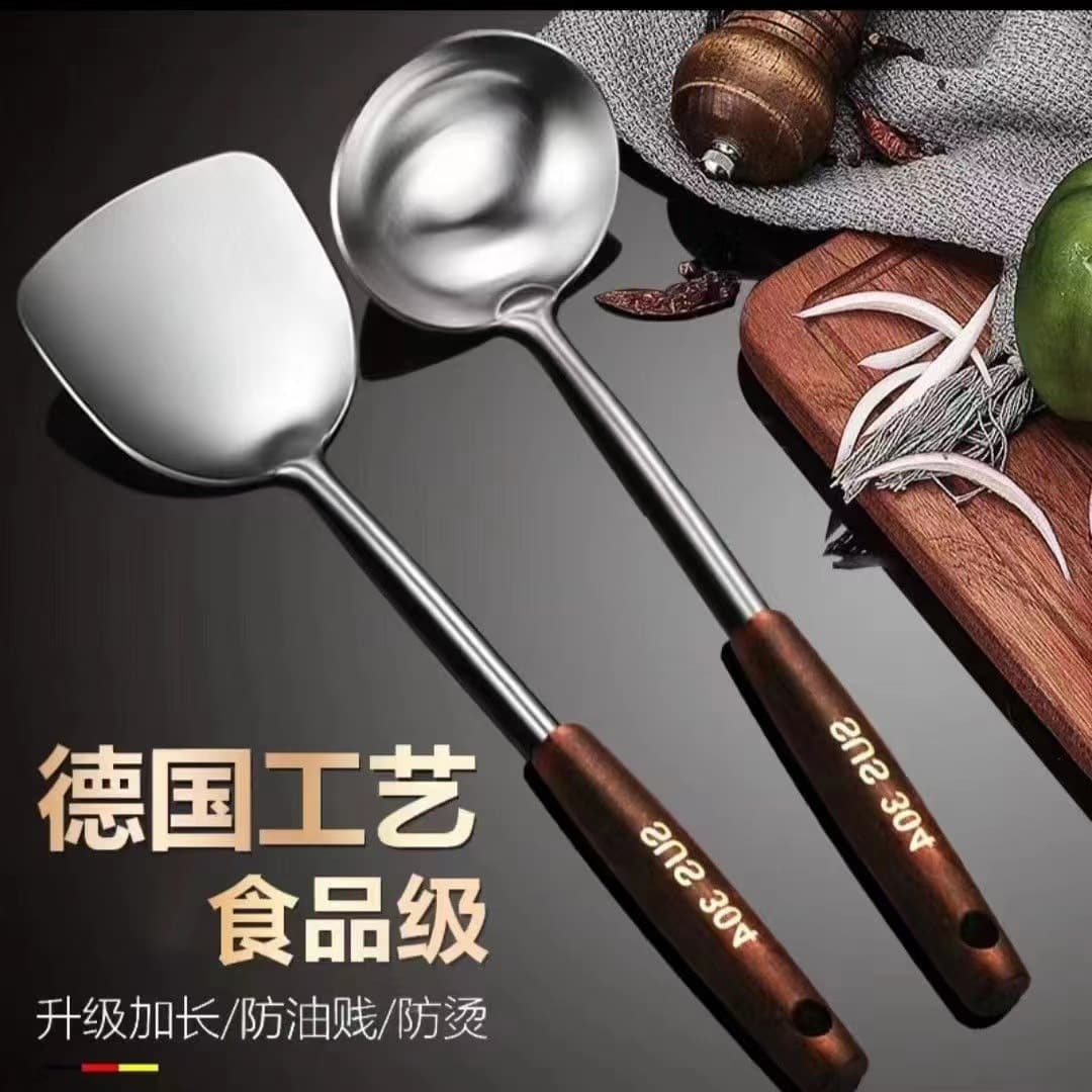 Antique Wood Handle Spatula and Soup Spoon Set, Solid Wood and Stainless Steel Cooking Utensils for Home Kitchen