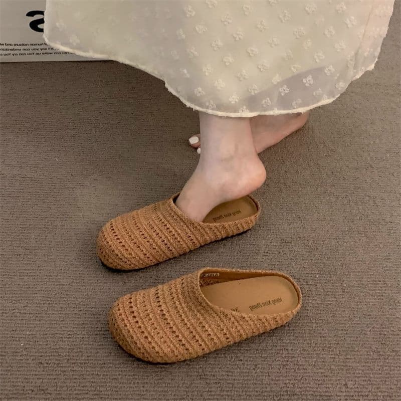 French Style Closed-Toe Sandals for Women, Hollow Breathable Semi-Slippers, Summer Outdoor Roman Thick-Soled Mules