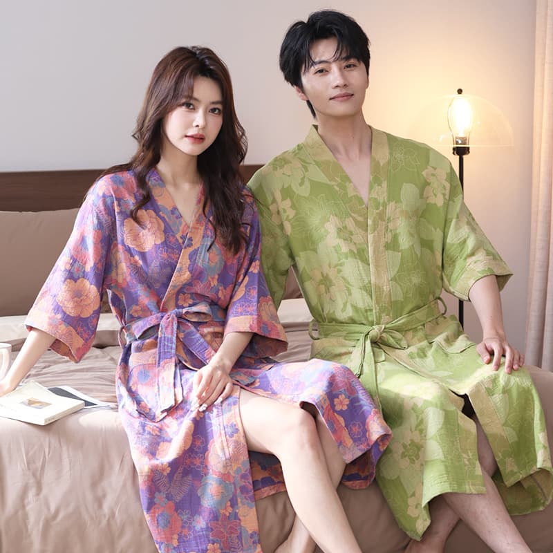 Category A Spring/Summer Thin Pajamas, Pure Cotton Double-Layer Gauze Bathrobe, Home Wear, Couple Style, Water-Absorbent and Quick-Drying Bathrobe