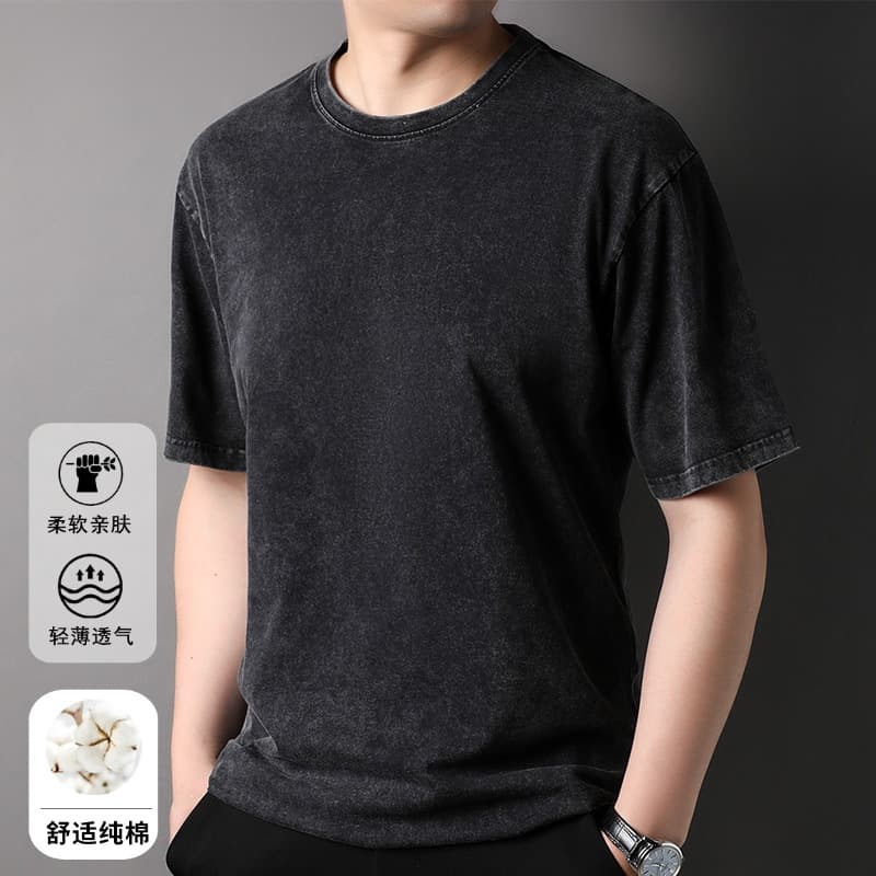 Pure cotton snowflake washed short-sleeved T-shirt men's round neck solid color summer new double yarn quality cotton top