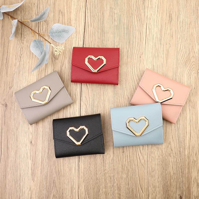 Factory source Korean heart pattern ladies' short wallet with multiple card slots, trifold coin purse with ID holder wholesale