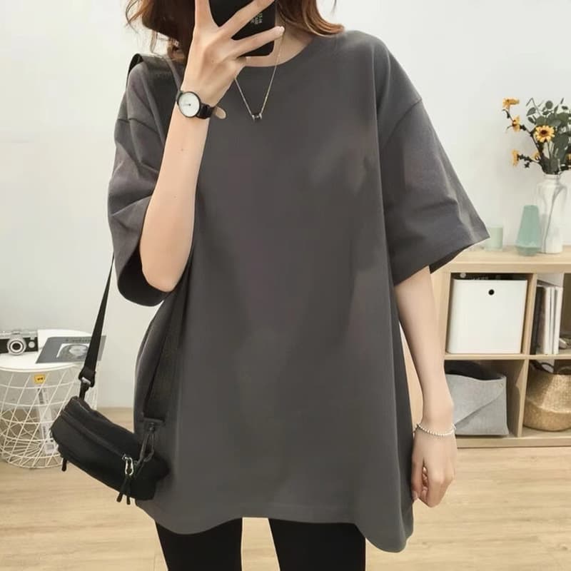 Cotton Medium-Length T-Shirt Plus Size Women's Loose Fit Solid Colors Short Sleeves Summer 2023 Trendy Casual Wear