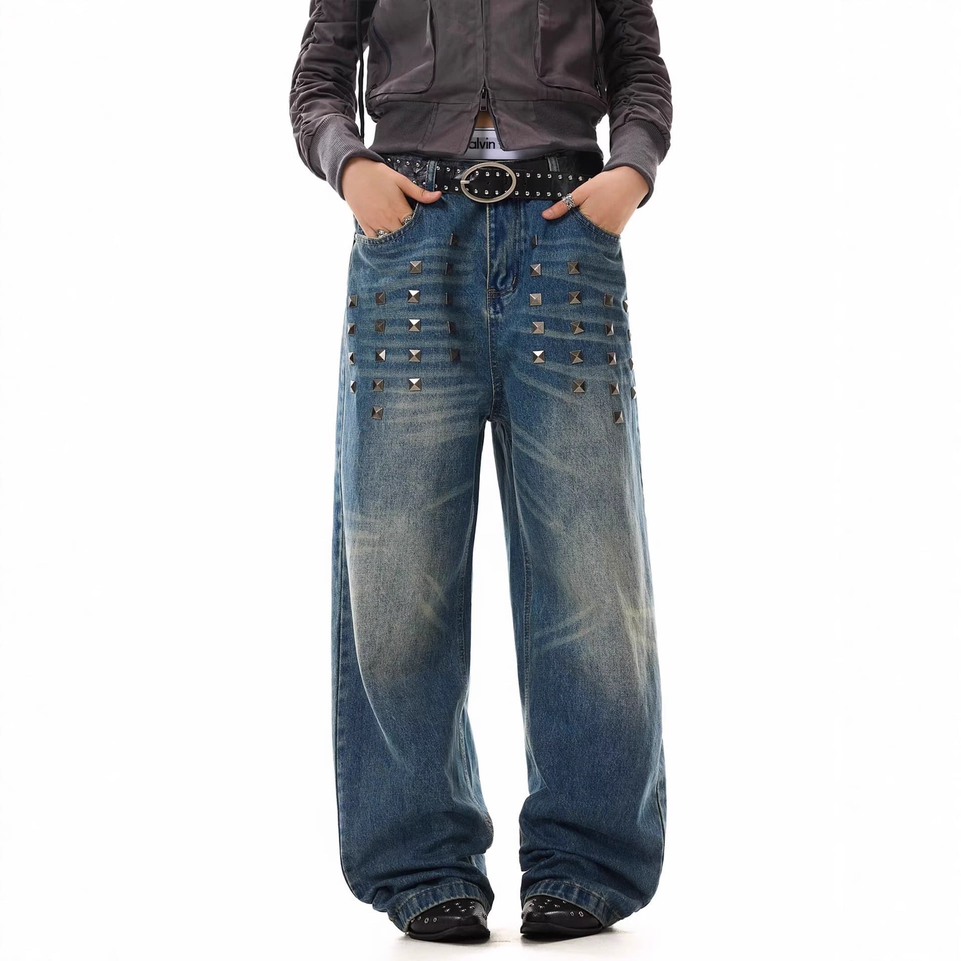 Cross-border foreign trade high-quality American-style blue distressed cat whiskers washed Baggy square studs decorated loose straight jeans