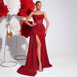 European and American Fashion Evening Dress Sequin Side Slit Sexy Small Train Prom Dress