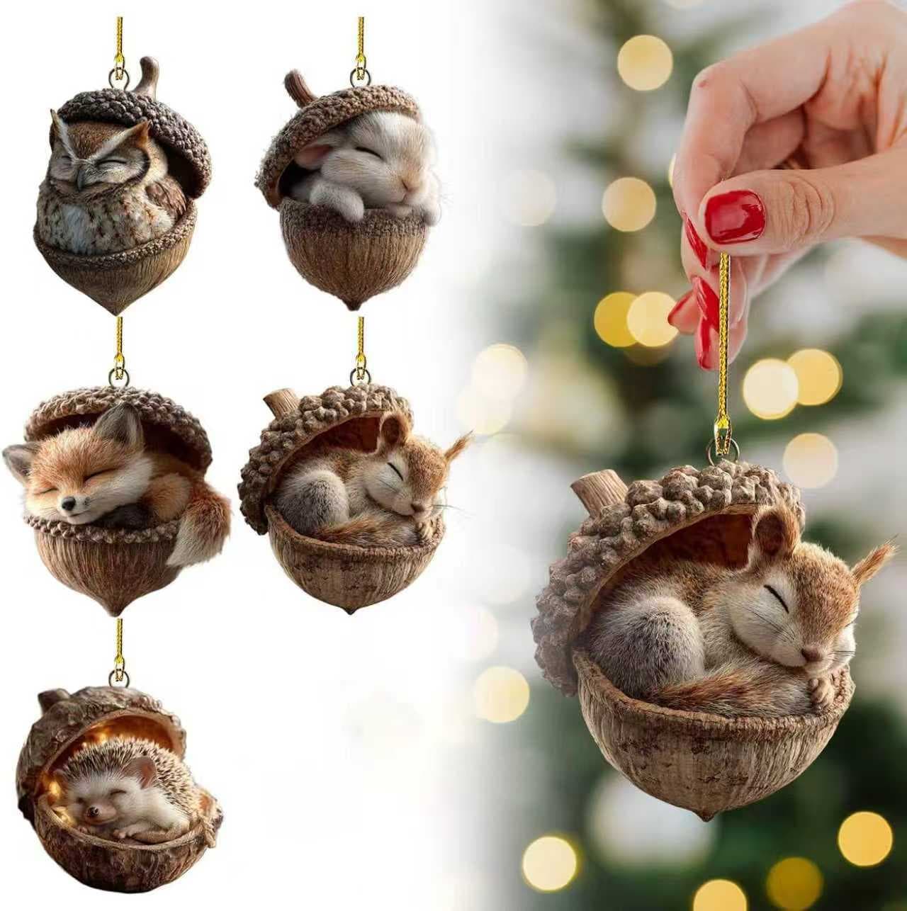 Cross-border 6-piece set forest squirrel hanging ornaments, rustic animal Christmas tree decorations, cute 2D flat Christmas hanging pieces.