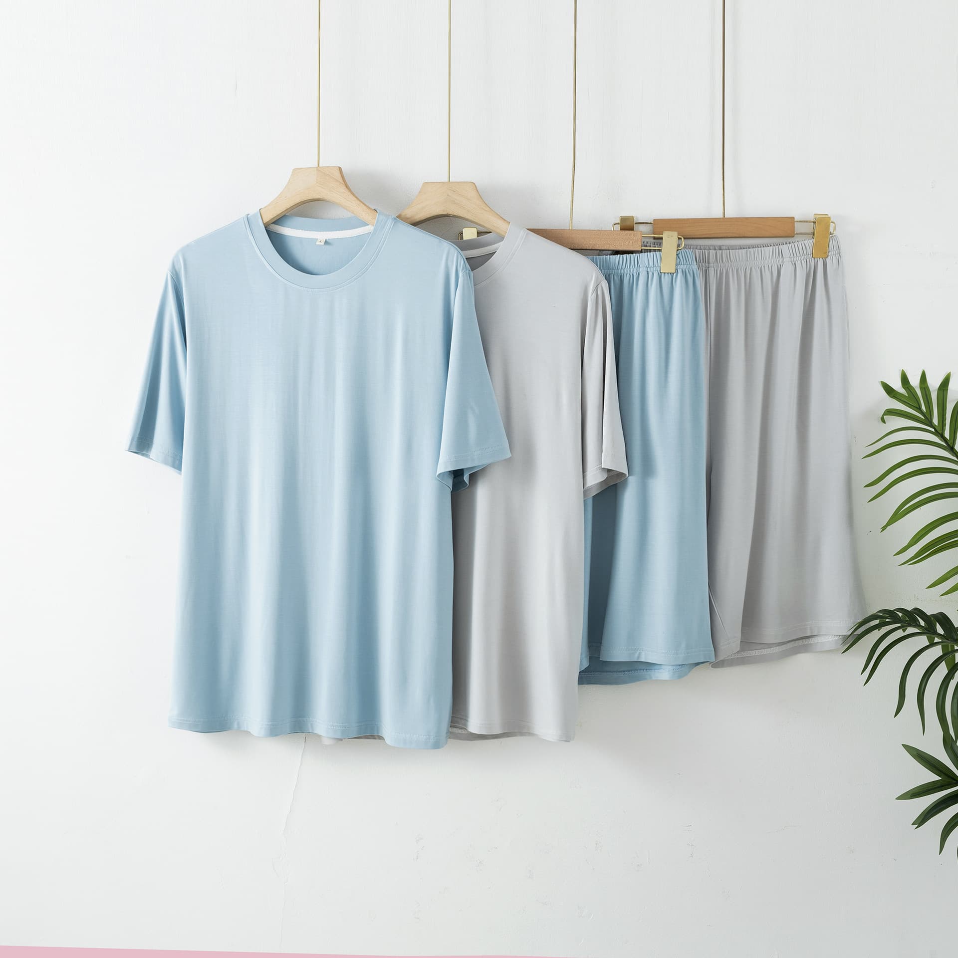 2025 New Simple Solid Color Bamboo Fiber Men's Pajama Short Sleeve Shorts Summer Thin Two-Piece Set Homewear