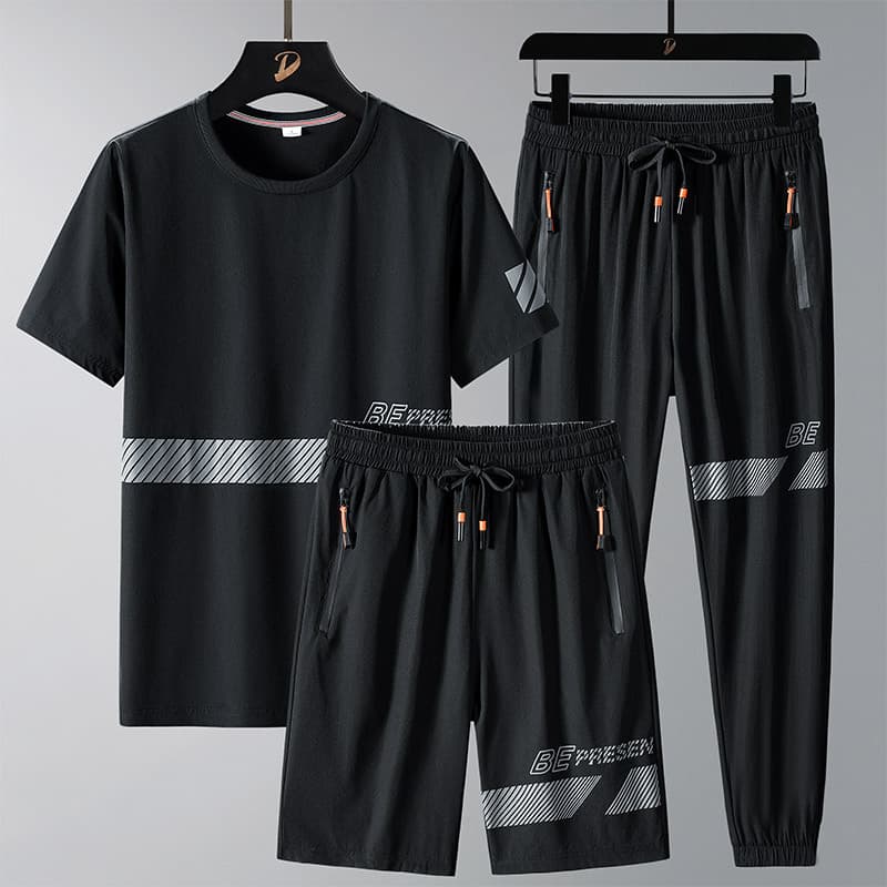 Men's Short Sleeve T-Shirt and Long Pants Casual Set Summer Cool Ice Silk Plus Size Quick-Dry Running Sportswear 3-Piece Set