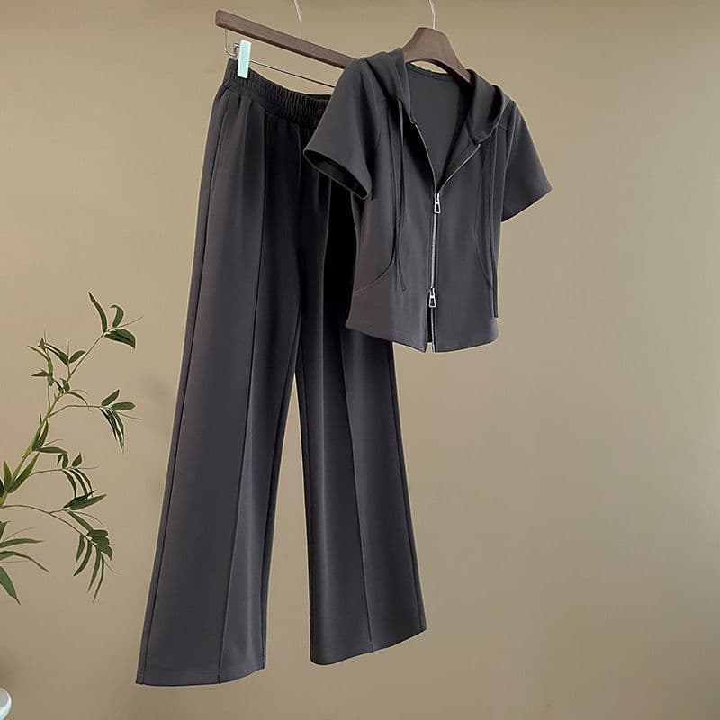 Cross-Border European Style Casual Sportswear Set for Women Summer 2025 New Slimming and Elegant Cardigan Short Sleeve Top with Wide Leg Pants