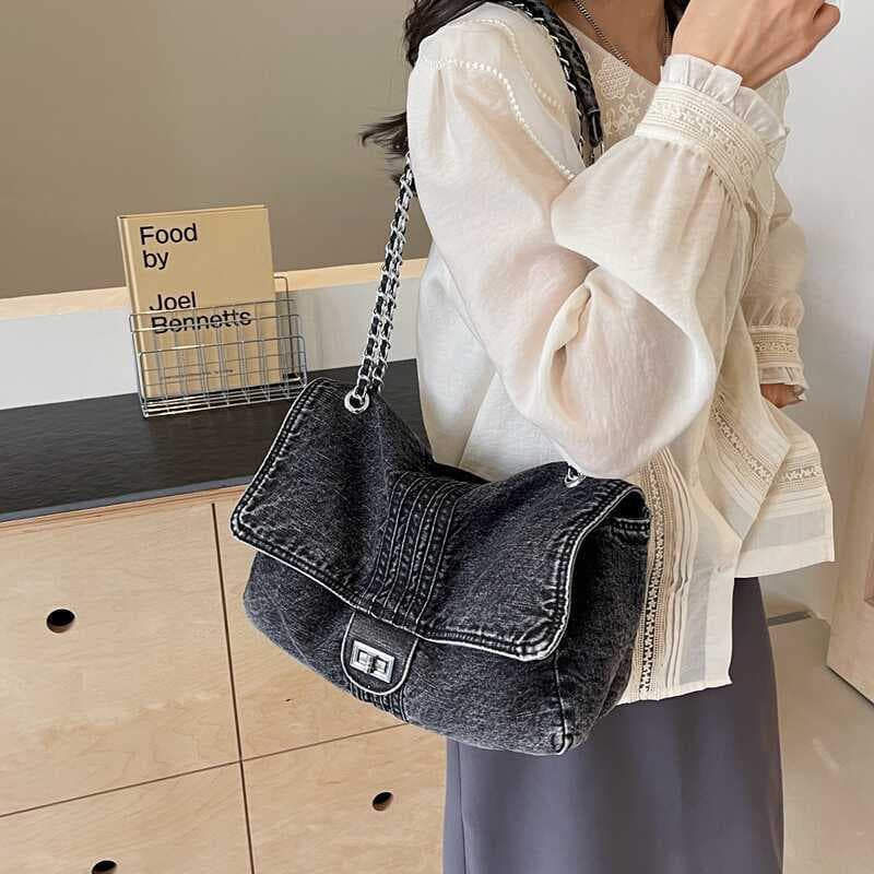 Vintage Trendy Single Shoulder Bag Large Capacity Chain Premium Crossbody Bag Fashionable Versatile Commuter Denim Bag