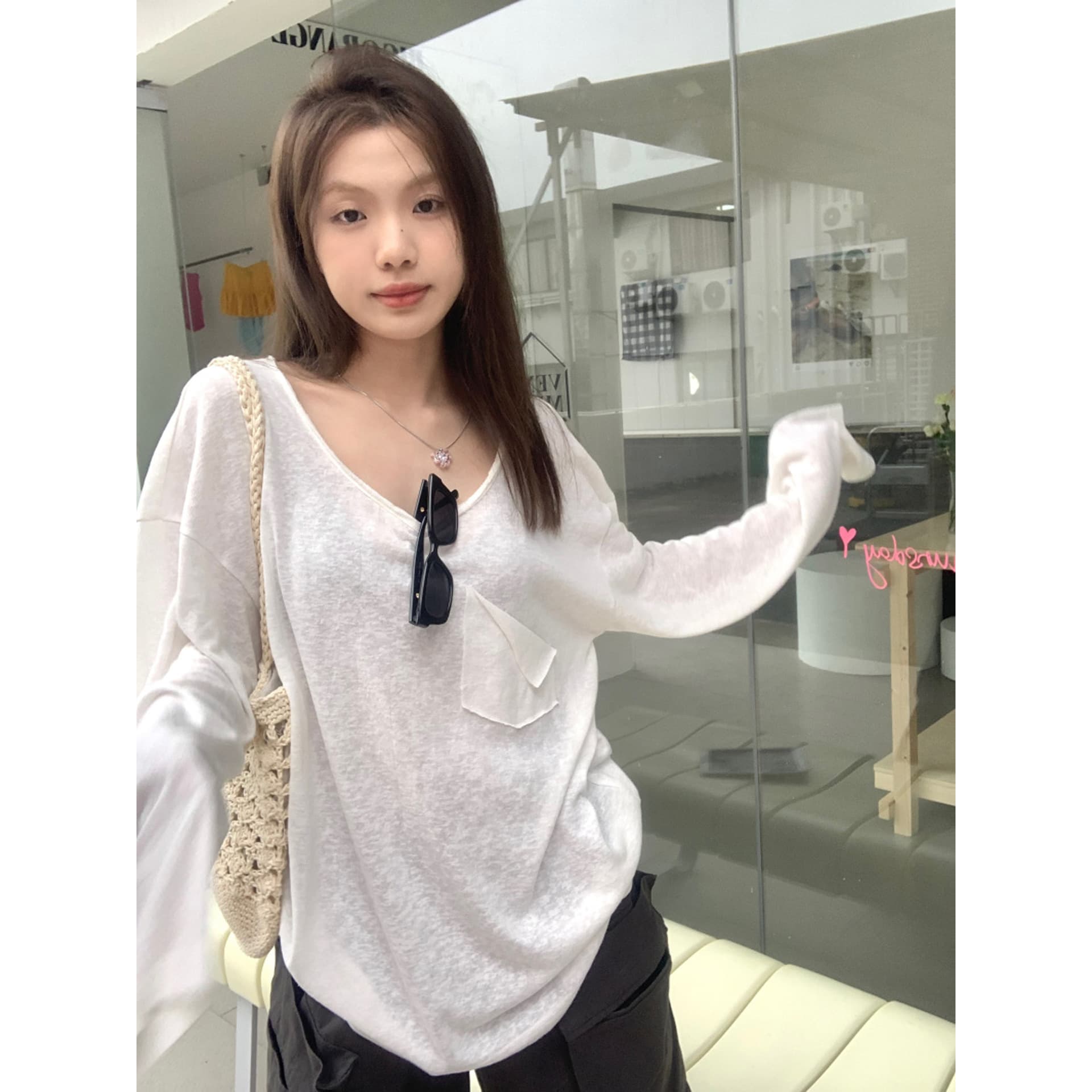White thin sun protection blouse long-sleeved T-shirt women's summer lazy style dancing undershirt loose top
