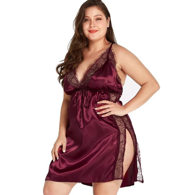 Cross-border Sexy Sleepwear Plus Size Lace Patch V-neck Satin Women Summer Chemise Sexy Homewear Lingerie Nightgown