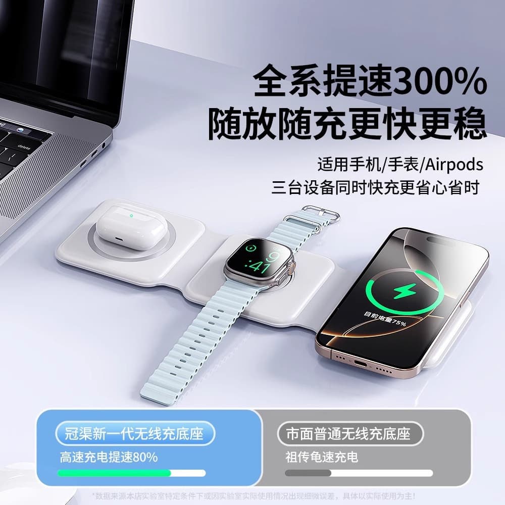 3-in-1 Wireless Charger Desktop Foldable Wireless Charging Stand Fast Charging for Apple Phone, Earphones, Watch