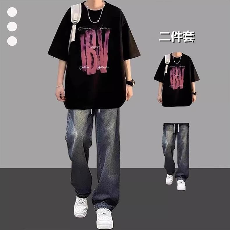 Summer Short Sleeve T-Shirt Set for Men - Stylish Streetwear Tee with Jeans, Cool Two-Piece Outfit