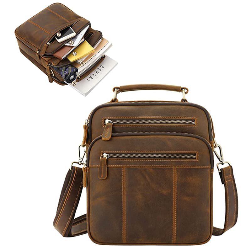 Crossbody Shoulder Bag Multi-Pocket Leather Men's Wallet Multifunctional Large Capacity Brown Men's Tote Bag