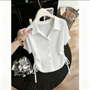 Summer New Turn-Down Collar Drawstring Short Sleeve Blouse Women's Age-Reducing Versatile Slim Loose Casual Top