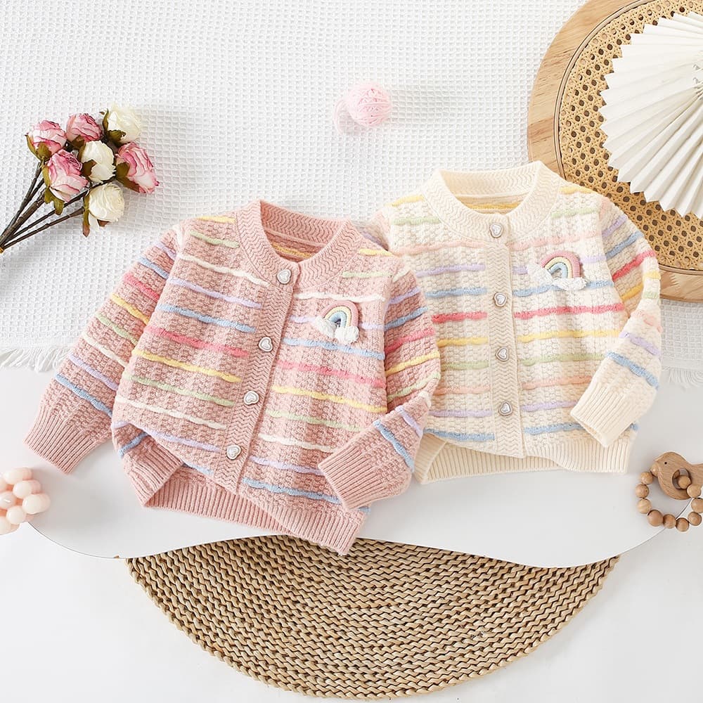 Children's Cardigan Sweater Autumn Winter New Style Baby Girl Rainbow Stripe Cardigan Korean Knit Top Export Sweater Coat