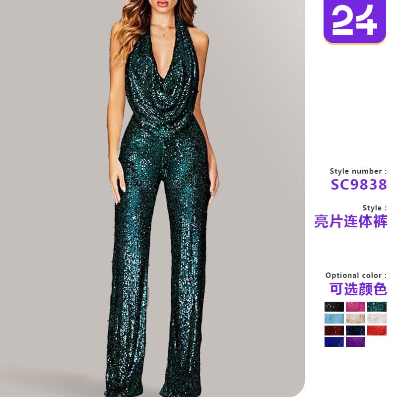 In-stock European New Style Amazon 2024 Summer Cross-border Jumpsuit Women's Clothing Sleeveless Halter Neck Sequins Jumpsuit