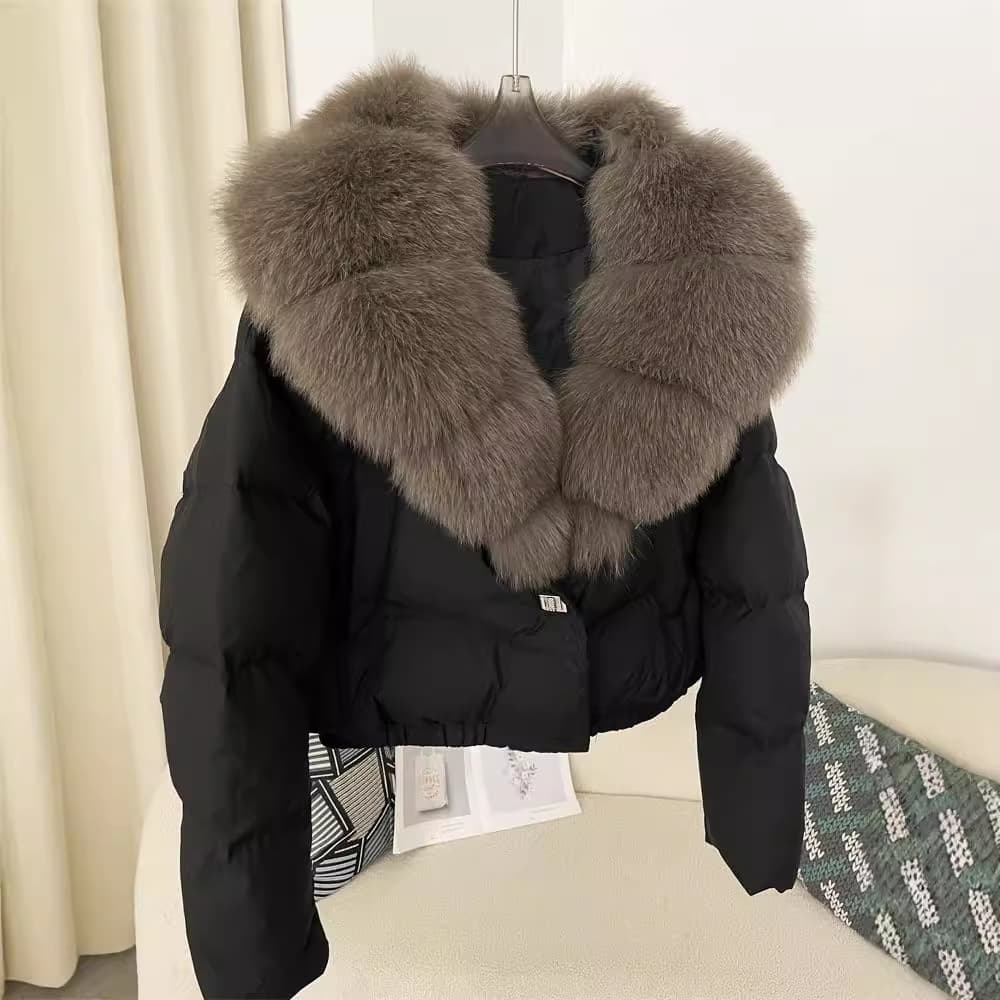 25 Winter New Style Women's Short Fashion Warm Padded Coat Petite Chic Extra Large Real Fox Fur Collar Jacket