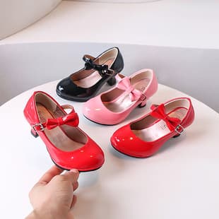 Girls' Leather Shoes Children's Heels 2025 Spring New Style Little Princess Shoes Fashionable Bowknot for Middle and Older Kids