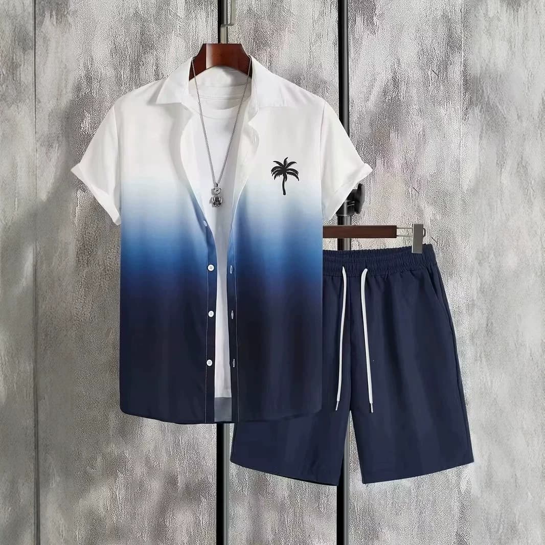 Men's Hawaiian Style Short-Sleeved Shirt with Coconut Tree Print, Short-Sleeved Shirt and Shorts, Summer Casual Two-Piece Set