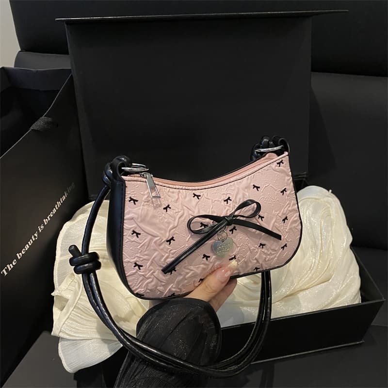 Pink Hot Bow Crescent Underarm Bag Women Summer 2025 New High-End Light Luxury Niche One-Shoulder Small Square Bag