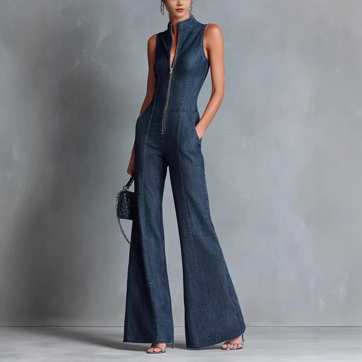 European and American Cross-border 2026 New Women's Vintage Dark Blue Sleeveless Front Zipper Slim High Neck Denim Jumpsuit