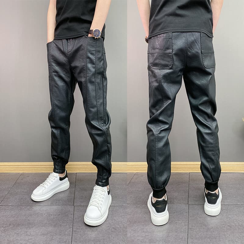 Fleece-Lined Trendy Brand Men's PU Leather Pants Waterproof Windproof Youth Solid Color Cuffed Loose Casual Versatile Slim-Fit Trousers