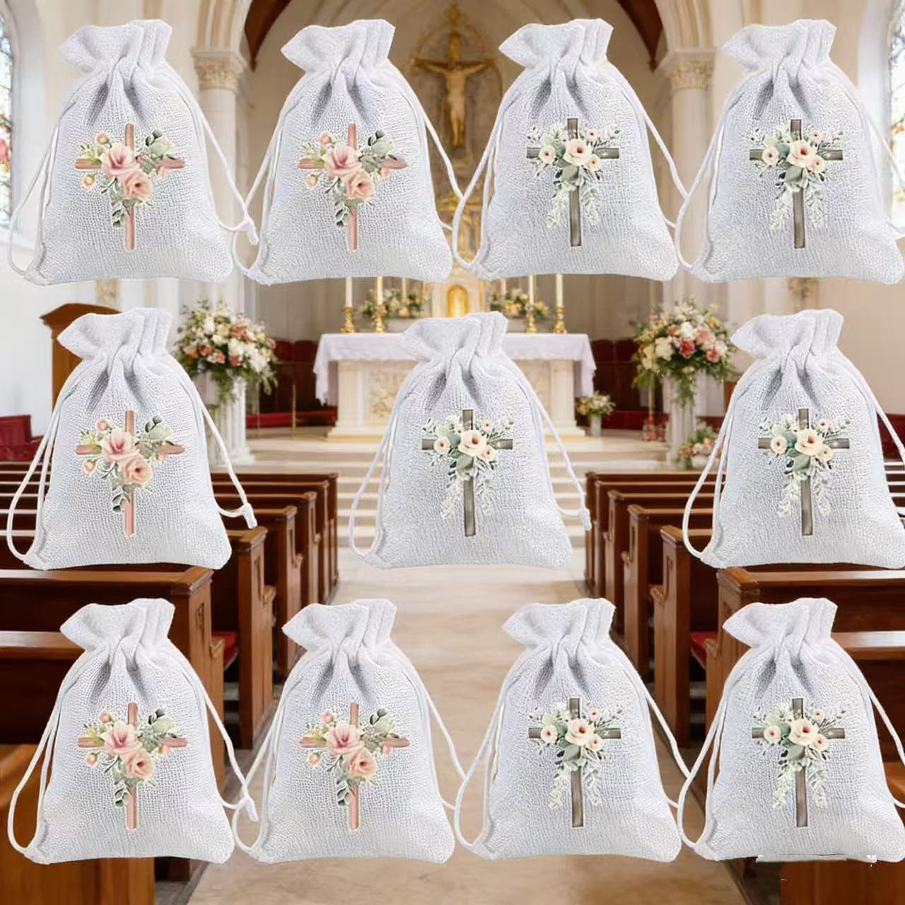 White Linen Drawstring Gift Bags for Festivals, Weddings, Party Themes, First Communion, Flower Favor Bags