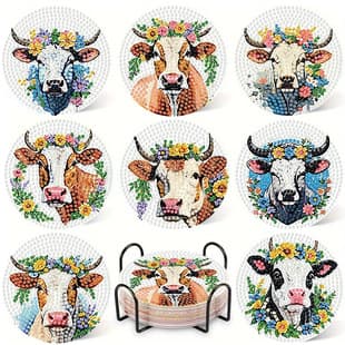 5D Cross-Border New Arrival 8-Piece Cow Floral Animal Handmade DIY Wooden Diamond Painting Heat-Insulating Non-Slip Coaster with Stand