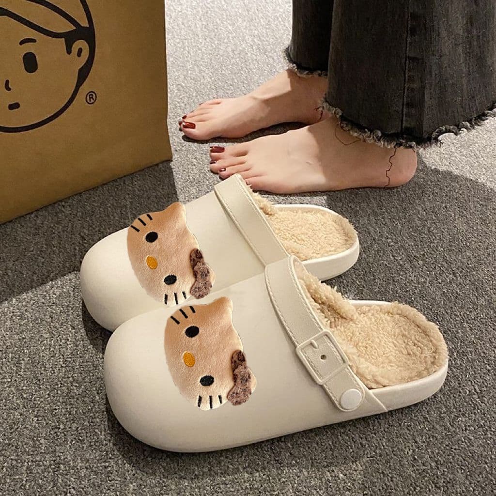Cute Hello Kitty Cotton Slippers for Women, Winter 2025 New Style, Fleece Lined, Warm, Non-slip, Waterproof, Indoor and Outdoor Closed-toe Slippers