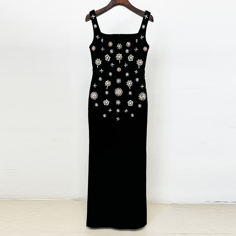 High Street Fashion 2026 Early Spring Premium Heavy Beaded Rhinestone Stretch Vest Long Dress Maxi Dress Gown