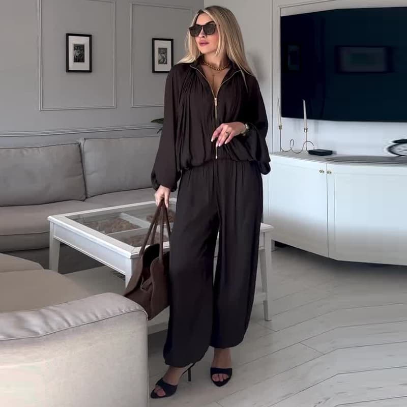 2026 New Women's Loose Fit Coffee Brown Zip-Up Casual Two-Piece Set for Amazon Cross-Border Trade in Europe and America