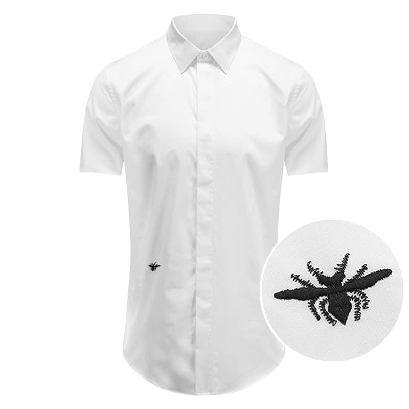 Summer Short Sleeve Men's Shirt with Bee Embroidery, Classic Black and White Short Sleeve Shirt