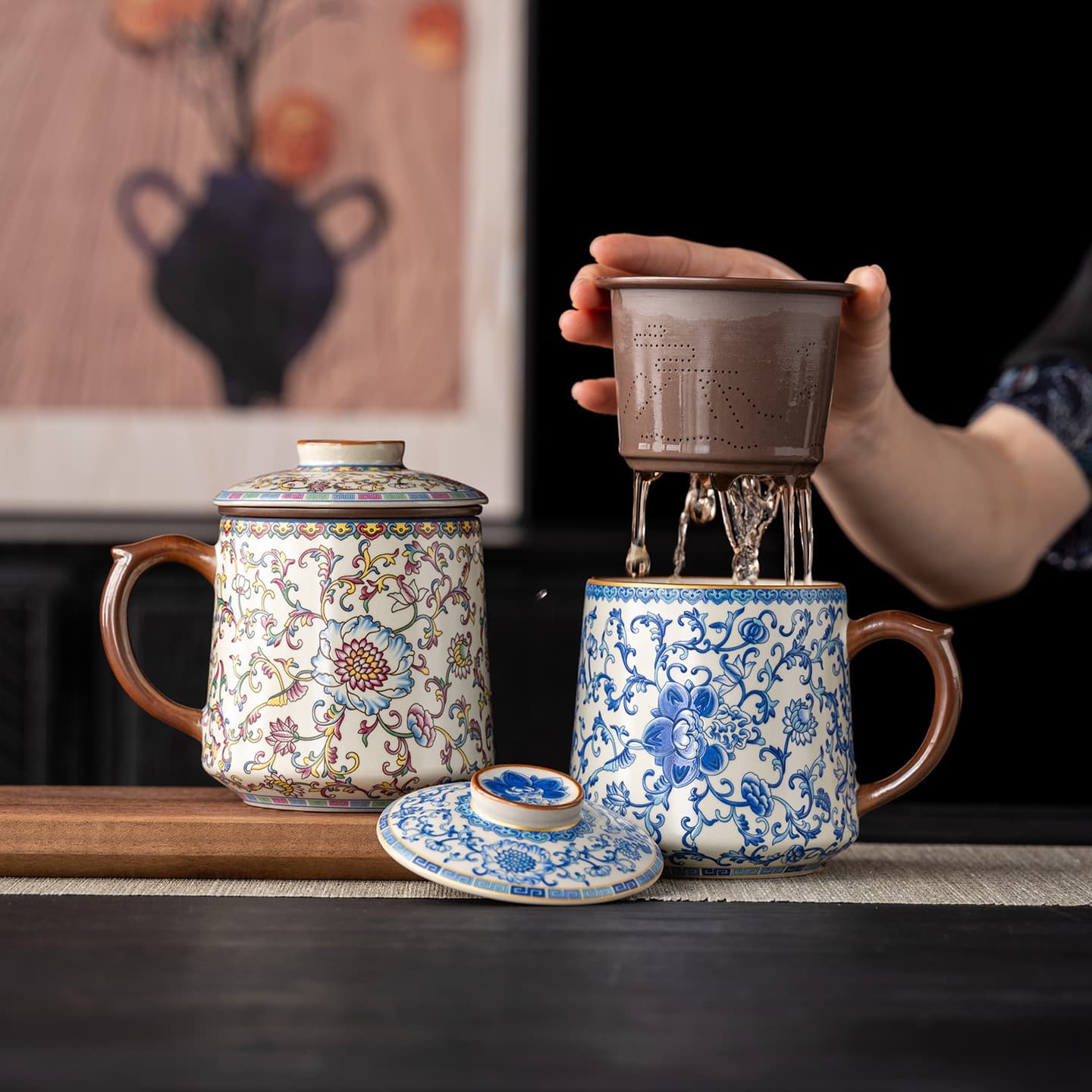 Blue and white Ru kiln office tea cup ceramic tea water separation cup with lid household tea cup office mug cup