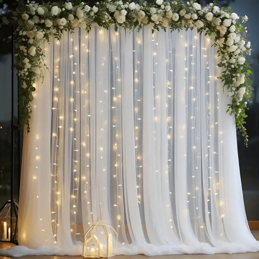 Cross-border Mesh Outdoor Wedding Tulle Curtain, Wedding Decoration Fabric with Light String, Venue Decoration Tulle
