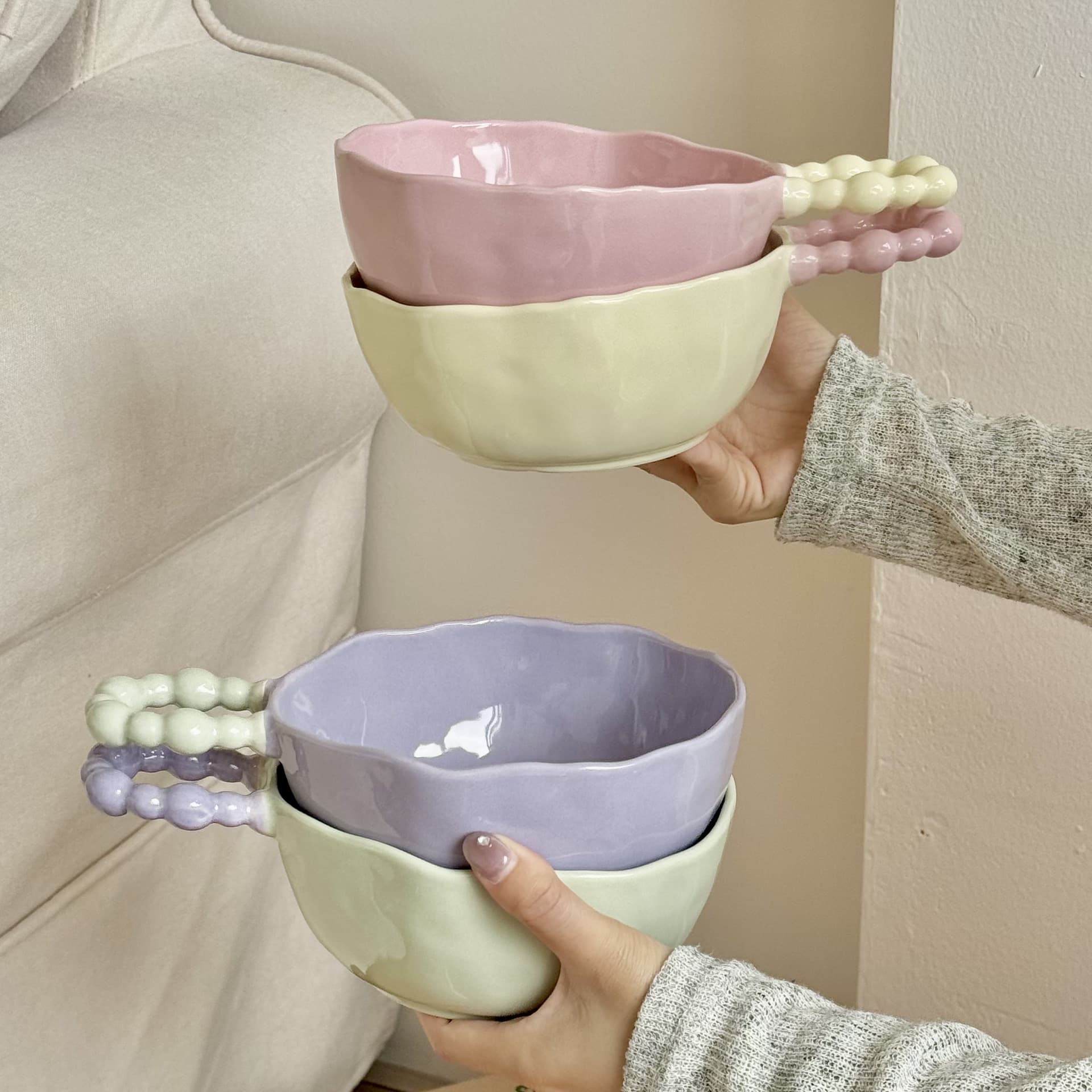 Ins Style Jelly Bean Color Matching Ceramic Handle Bowl Personal Tableware Rice Bowl Instant Noodle Bowl Soup Bowl Yogurt Bowl Fruit