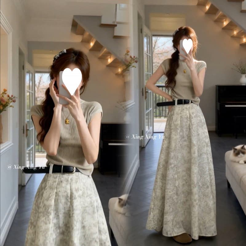 Korean Chic Outfit Set: Khaki Short-Sleeve T-Shirt with Floral Midi Skirt Set for Women, New Summer Arrival