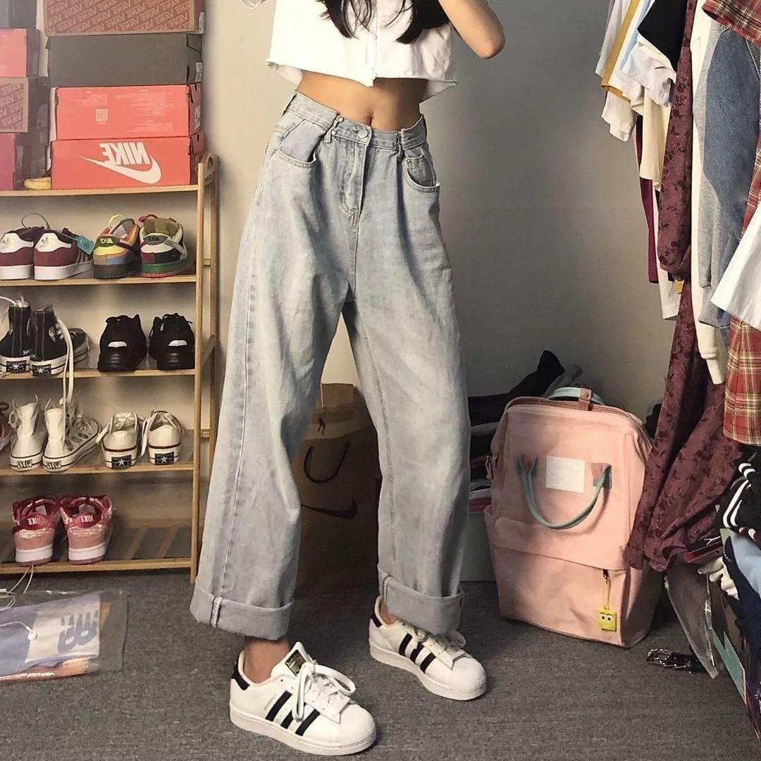 Summer new style HyunA high-waist jeans for women, slimming straight-leg loose wide-leg dad pants, thin floor-length trendy trousers.