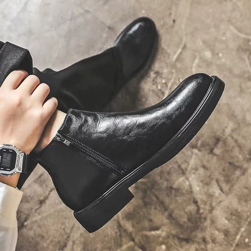 Mid-Top Leather Shoes Chelsea Boots for Men Spring Genuine Leather Side Zipper British Style Trendy Leather Boots High-Top Work Martin Boots