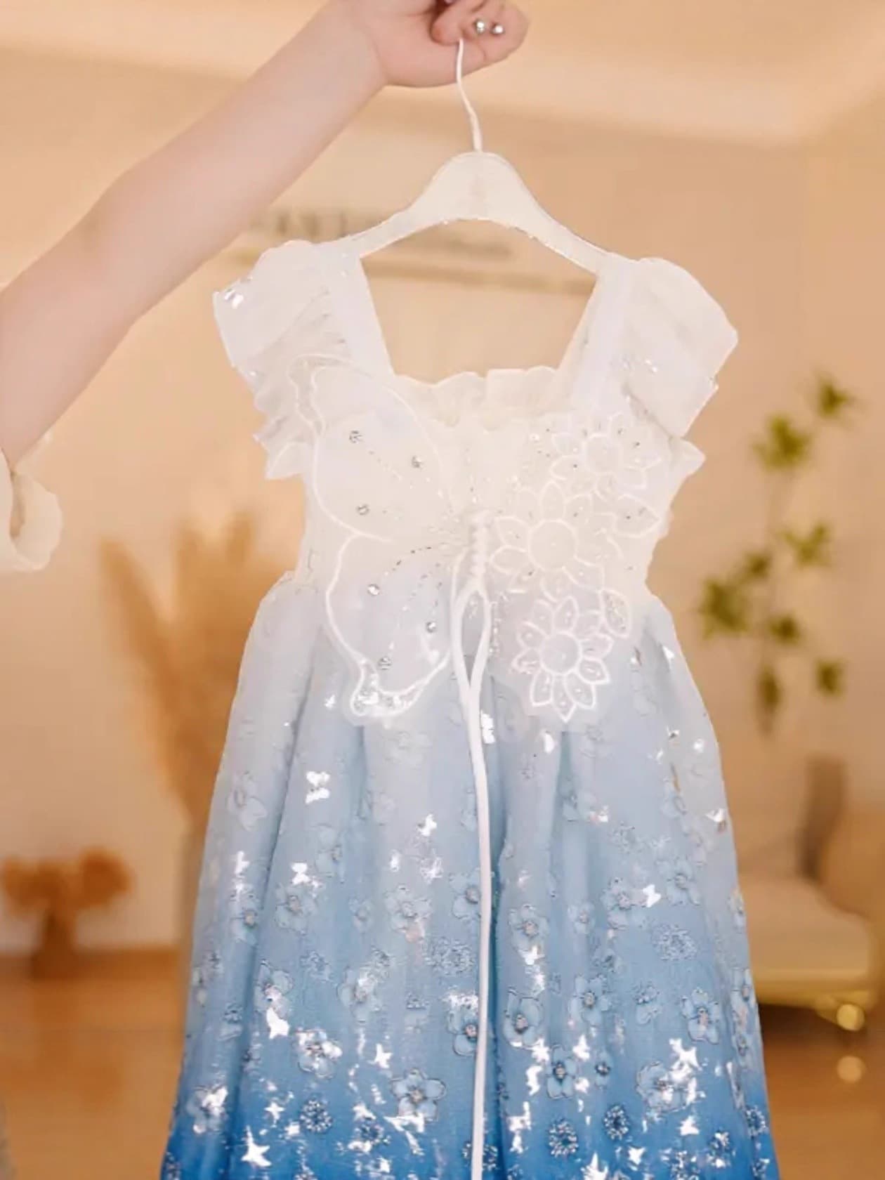Girls' Summer New Spaghetti Strap Dress, Four-Season Vest Dress, Little Girl Beach Dress, Heavy Embroidery Butterfly Wing Dress