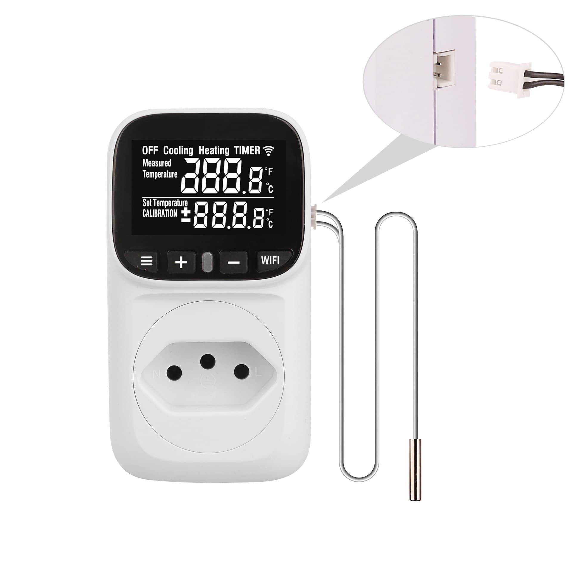 Tuya WiFi Brazil VA Thermostat with Black Background White Text Backlight and 2M Temperature Probe, Countdown, for Fish Tank and Greenhouse